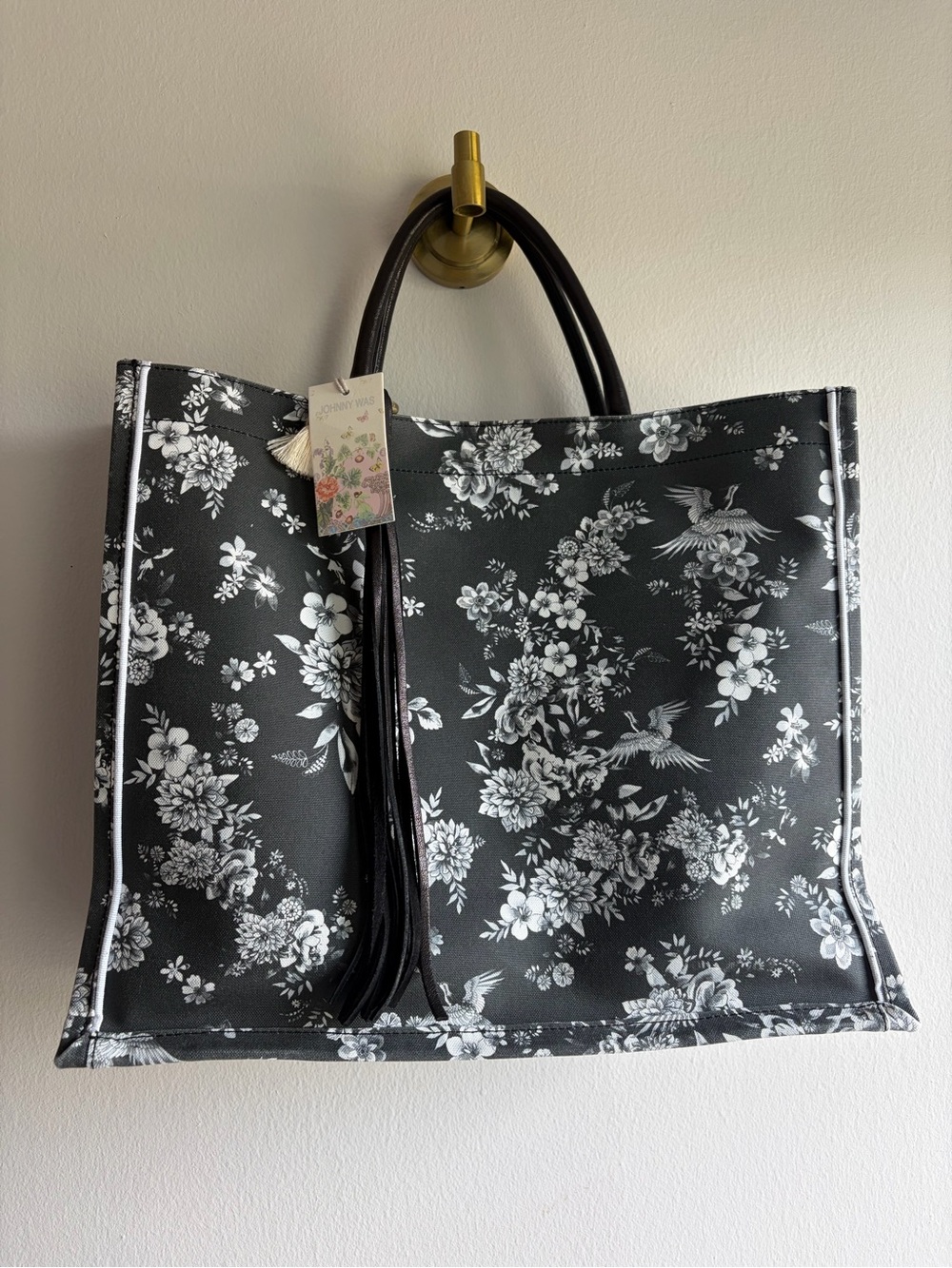 Johnny Was Black and White Floral Tassel Tote